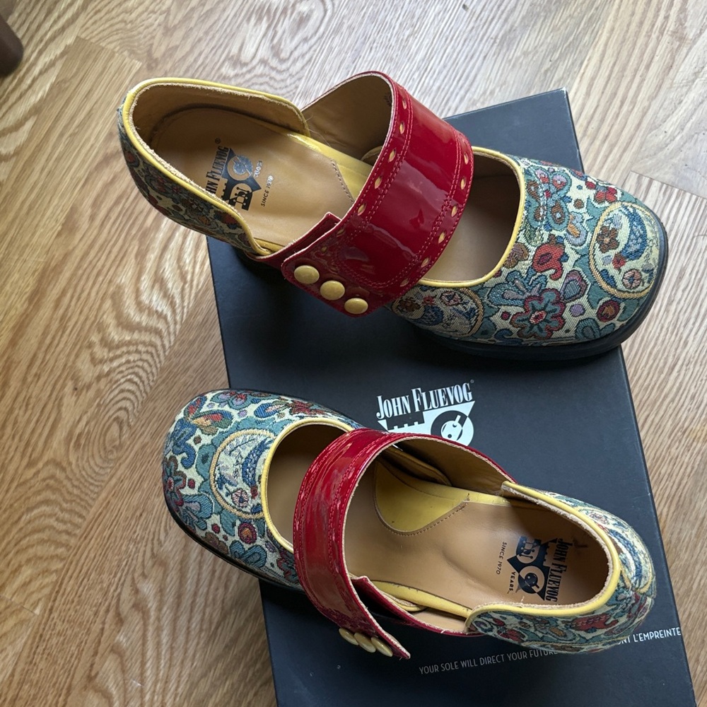 John Fluevog Women's Red and Multicolor Floral Flats- Mini Maryjayne